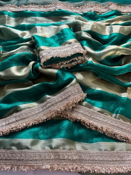 Tailored Green Fandy Satin Silk Saree with Beautiful Lace Border Work for Party Wear Sarees 