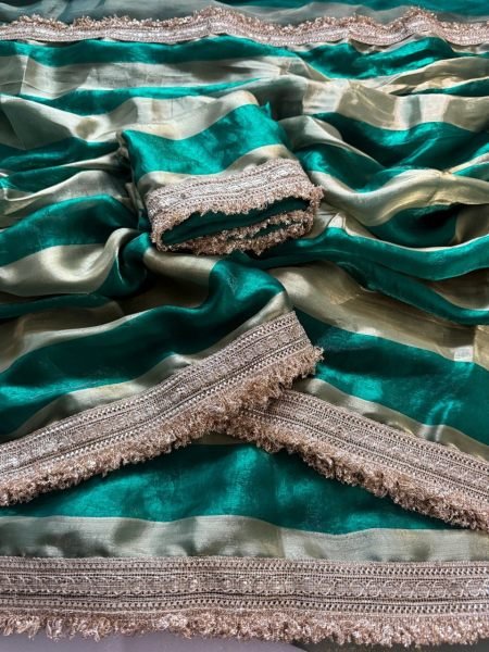 Tailored Green Fandy Satin Silk Saree with Beautiful Lace Border Work for Party Wear Silk Sarees Wholesale
