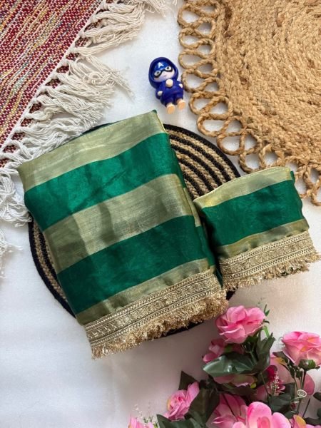 Tailored Green Fandy Satin Silk Saree with Beautiful Lace Border Work for Party Wear Silk Sarees Wholesale