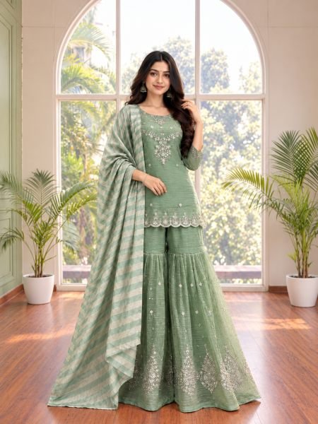 Tailored Green Salsa Silk Embroidered Sharara Suit with Dupatta at Wholesale Rate Ready To Wear Suit
