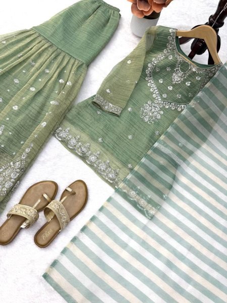 Tailored Green Salsa Silk Embroidered Sharara Suit with Dupatta at Wholesale Rate Ready To Wear Collection
