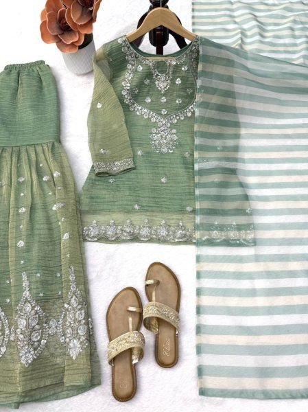 Tailored Green Salsa Silk Embroidered Sharara Suit with Dupatta at Wholesale Rate Ready To Wear Collection