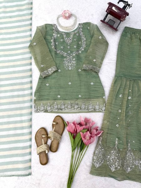 Tailored Green Salsa Silk Embroidered Sharara Suit with Dupatta at Wholesale Rate Ready To Wear Collection