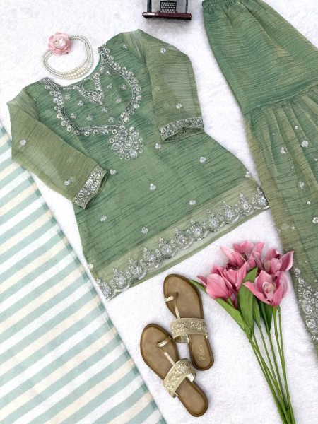 Tailored Green Salsa Silk Embroidered Sharara Suit with Dupatta at Wholesale Rate Ready To Wear Collection