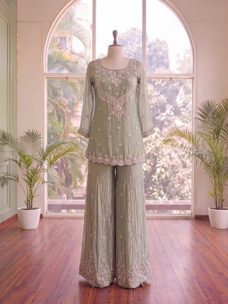 Tailored Green Salsa Silk Embroidered Sharara Suit with Dupatta at Wholesale Rate Ready To Wear Collection