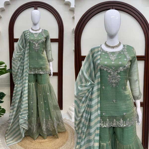 Tailored Green Salsa Silk Embroidered Sharara Suit with Dupatta at Wholesale Rate Ready To Wear Collection
