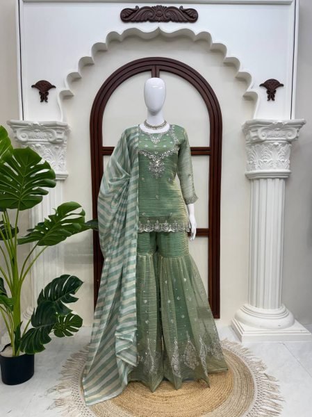 Tailored Green Salsa Silk Embroidered Sharara Suit with Dupatta at Wholesale Rate Ready To Wear Collection