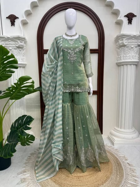 Tailored Green Salsa Silk Embroidered Sharara Suit with Dupatta at Wholesale Rate Ready To Wear Collection
