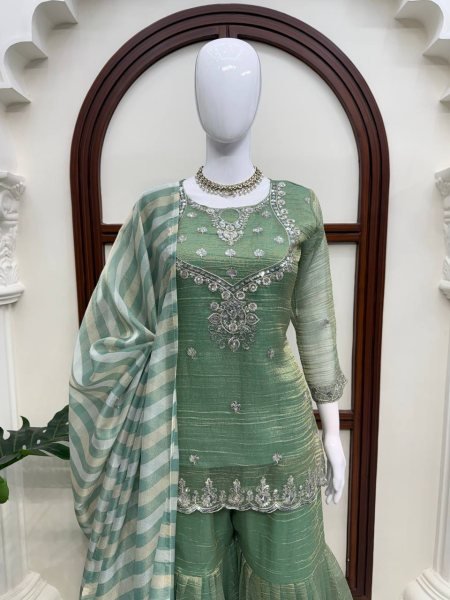 Tailored Green Salsa Silk Embroidered Sharara Suit with Dupatta at Wholesale Rate Ready To Wear Collection