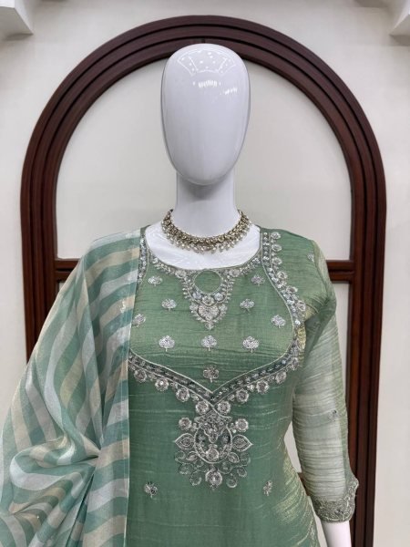 Tailored Green Salsa Silk Embroidered Sharara Suit with Dupatta at Wholesale Rate Ready To Wear Collection