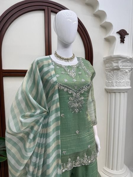 Tailored Green Salsa Silk Embroidered Sharara Suit with Dupatta at Wholesale Rate Ready To Wear Collection