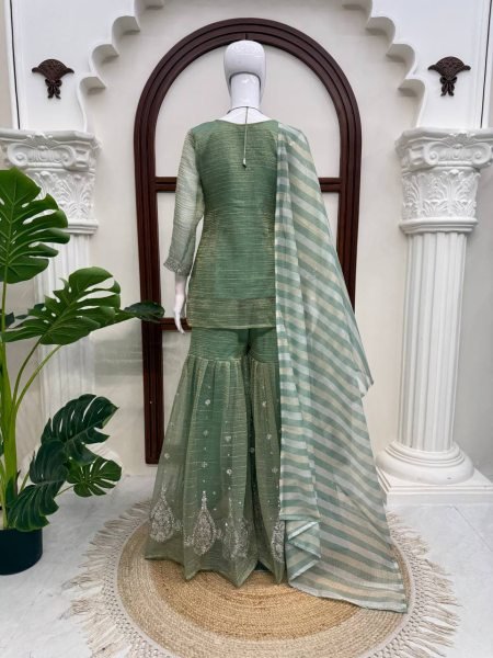Tailored Green Salsa Silk Embroidered Sharara Suit with Dupatta at Wholesale Rate Ready To Wear Collection