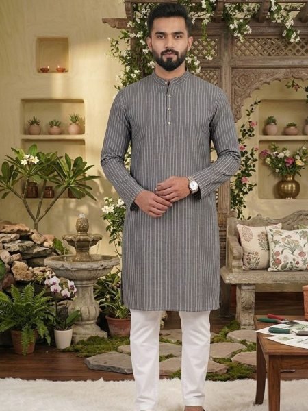 Tailored Grey Cotton Kurta Collection for Casual and Festive Wear Mens Wear