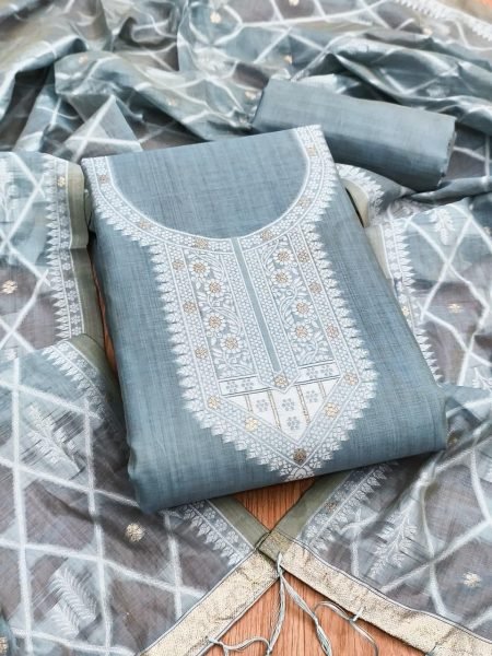 Tailored Grey Muga Cotton Suit Fabric Set with Woven Dupatta at Manufacturer Price Cotton Dress Material