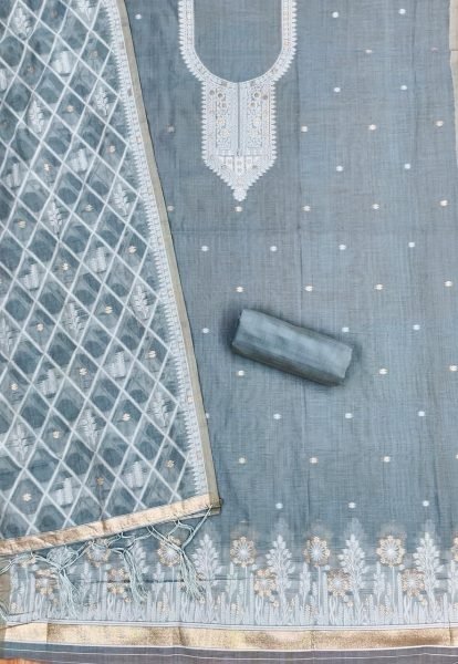 Tailored Grey Muga Cotton Suit Fabric Set with Woven Dupatta at Manufacturer Price Cotton Dress Material