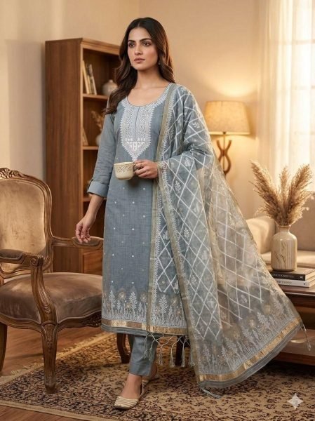 Tailored Grey Muga Cotton Suit Fabric Set with Woven Dupatta at Manufacturer Price Cotton Dress Material