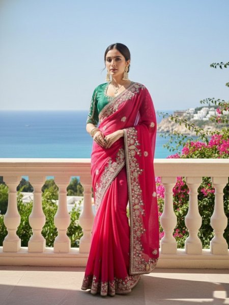 Tailored Hot Pink Fendy Chiffon Silk Saree with Embroidery Work and Piping Border Sarees 