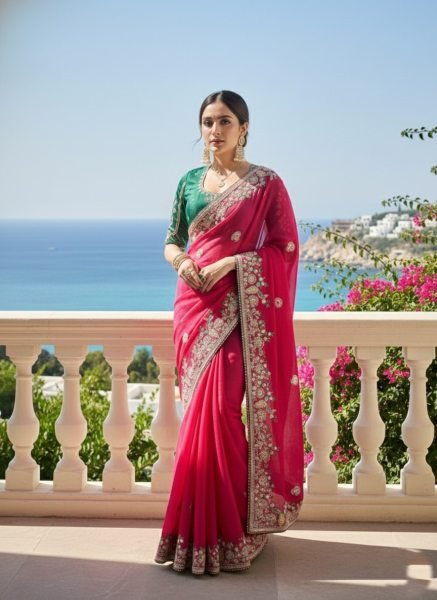 Tailored Hot Pink Fendy Chiffon Silk Saree with Embroidery Work and Piping Border Silk Sarees Wholesale