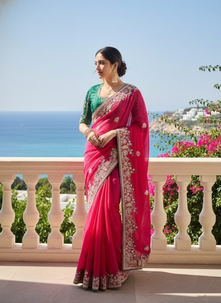 Tailored Hot Pink Fendy Chiffon Silk Saree with Embroidery Work and Piping Border Silk Sarees Wholesale