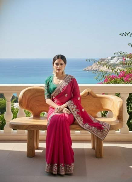 Tailored Hot Pink Fendy Chiffon Silk Saree with Embroidery Work and Piping Border Silk Sarees Wholesale