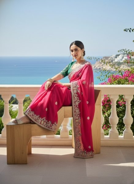 Tailored Hot Pink Fendy Chiffon Silk Saree with Embroidery Work and Piping Border Silk Sarees Wholesale