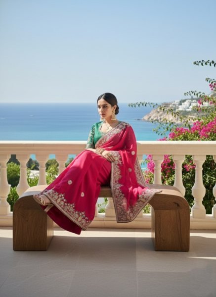 Tailored Hot Pink Fendy Chiffon Silk Saree with Embroidery Work and Piping Border Silk Sarees Wholesale