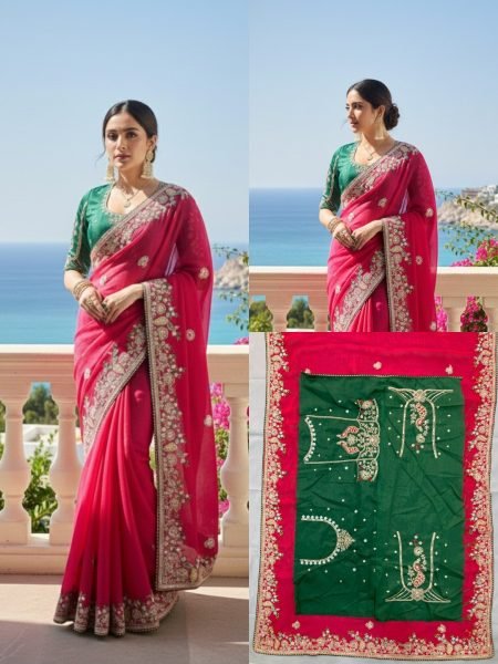 Tailored Hot Pink Fendy Chiffon Silk Saree with Embroidery Work and Piping Border Silk Sarees Wholesale