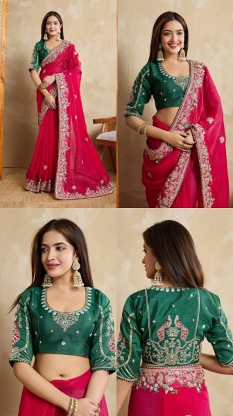Tailored Hot Pink Fendy Chiffon Silk Saree with Embroidery Work and Piping Border Silk Sarees Wholesale