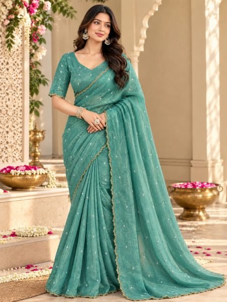 Tailored Mint Green Fendy Silk Saree with Full Hand Work Embroidery at Manufacturer  Sarees 
