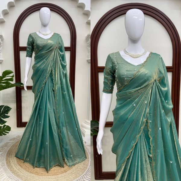 Tailored Mint Green Fendy Silk Saree with Full Hand Work Embroidery at Manufacturer  Silk Sarees Wholesale