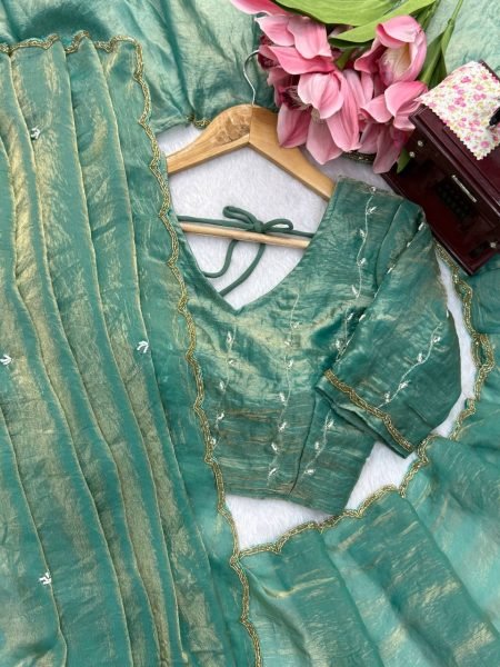 Tailored Mint Green Fendy Silk Saree with Full Hand Work Embroidery at Manufacturer  Silk Sarees Wholesale