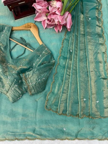 Tailored Mint Green Fendy Silk Saree with Full Hand Work Embroidery at Manufacturer  Silk Sarees Wholesale