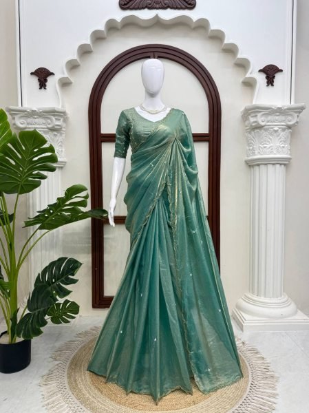 Tailored Mint Green Fendy Silk Saree with Full Hand Work Embroidery at Manufacturer  Silk Sarees Wholesale