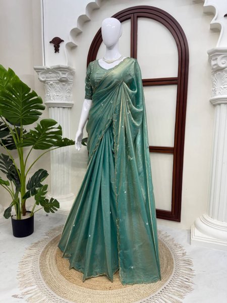 Tailored Mint Green Fendy Silk Saree with Full Hand Work Embroidery at Manufacturer  Silk Sarees Wholesale