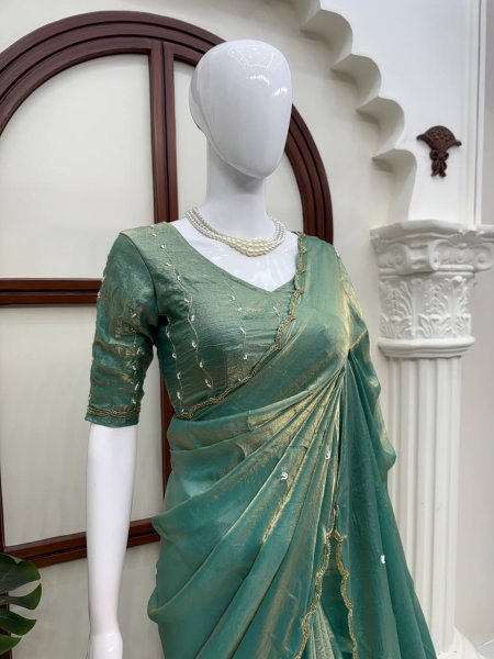 Tailored Mint Green Fendy Silk Saree with Full Hand Work Embroidery at Manufacturer  Silk Sarees Wholesale