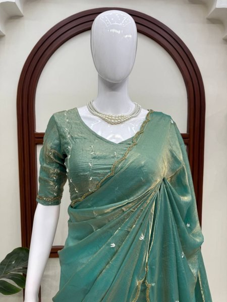 Tailored Mint Green Fendy Silk Saree with Full Hand Work Embroidery at Manufacturer  Silk Sarees Wholesale