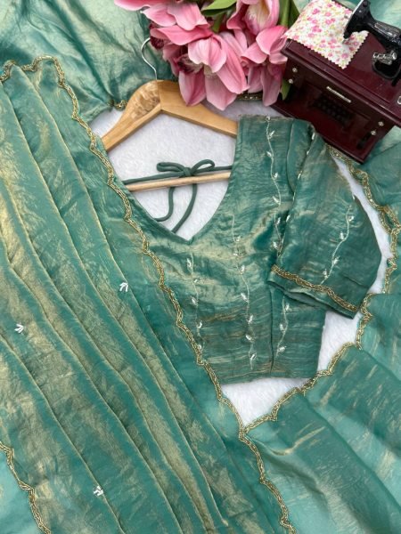Tailored Mint Green Fendy Silk Saree with Full Hand Work Embroidery at Manufacturer  Silk Sarees Wholesale