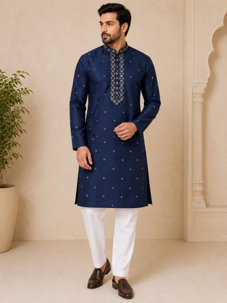 Tailored Navy Blue Men's Rayon Slub Kurta with Cotton Pajama for Festive Wear 