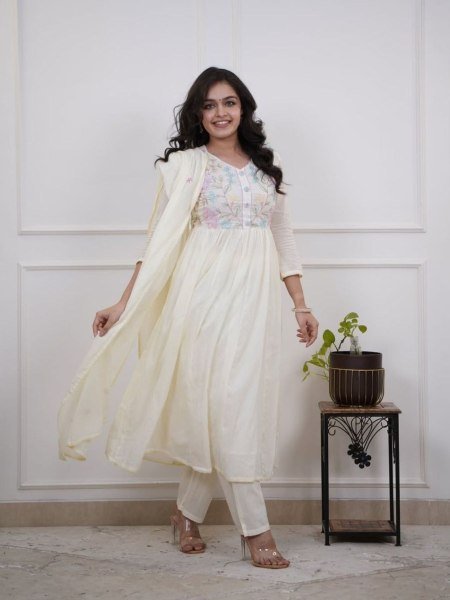 Tailored Off White Cotton Anarkali Kurti Pant Dupatta Set for Summer Wear Women Kurtis