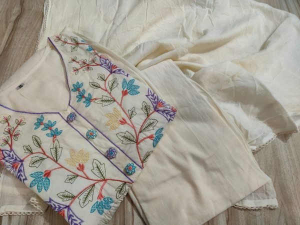 Tailored Off White Cotton Anarkali Kurti Pant Dupatta Set for Summer Wear Women Anarkali Kurtis 