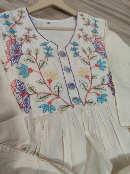 Tailored Off White Cotton Anarkali Kurti Pant Dupatta Set for Summer Wear Women Anarkali Kurtis 