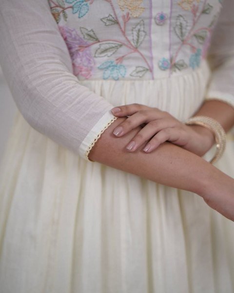 Tailored Off White Cotton Anarkali Kurti Pant Dupatta Set for Summer Wear Women Anarkali Kurtis 