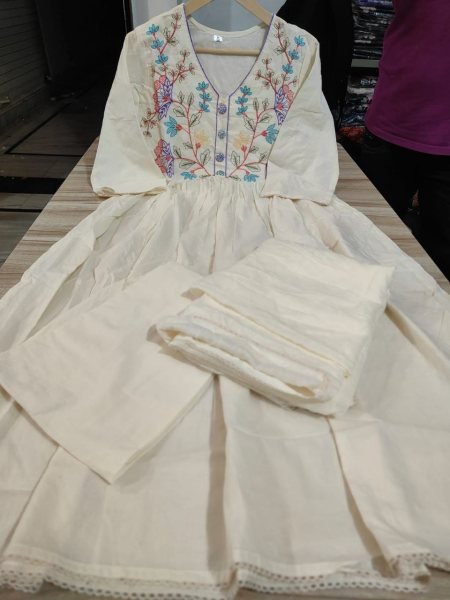 Tailored Off White Cotton Anarkali Kurti Pant Dupatta Set for Summer Wear Women Anarkali Kurtis 