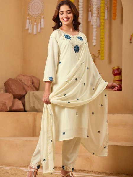 Tailored Off White Rayon Embroidered Suit Set with Dupatta for Festive Celebrations Kurtis
