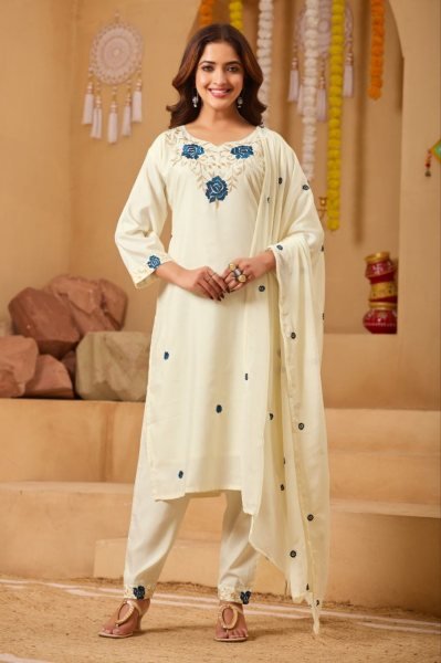 Tailored Off White Rayon Embroidered Suit Set with Dupatta for Festive Celebrations Embroidery Kurtis 