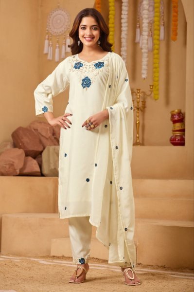 Tailored Off White Rayon Embroidered Suit Set with Dupatta for Festive Celebrations Embroidery Kurtis 