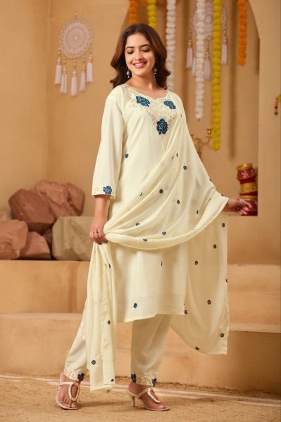 Tailored Off White Rayon Embroidered Suit Set with Dupatta for Festive Celebrations Embroidery Kurtis 