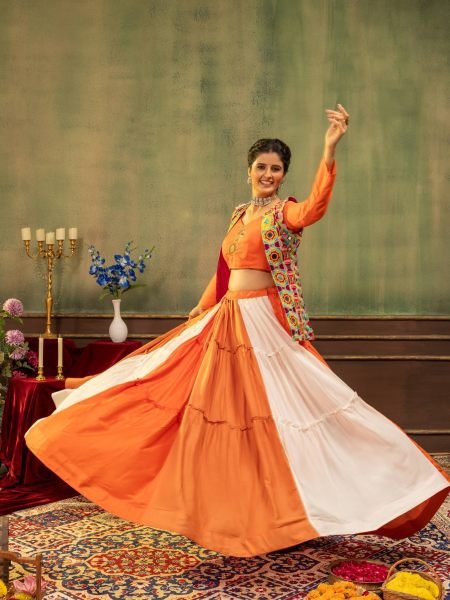 Tailored Orange Pure Rayon Lehenga Choli with Heavy Embroidered Koti Mirror Work 