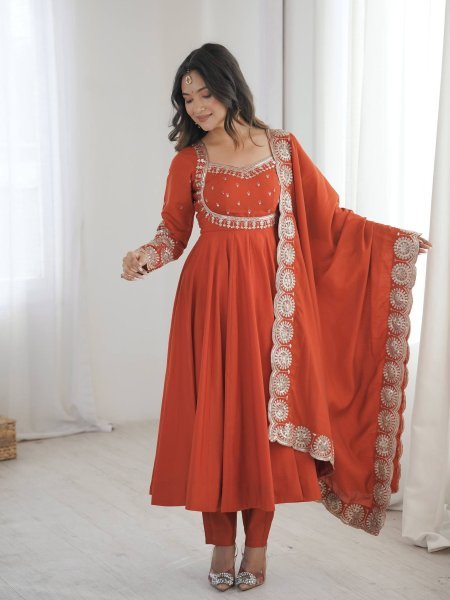 Legendary Orange Roman Silk Anarkali Set With Chanderi Dupatta With For Ethnic Anarkali Women Outfit Ready To Wear Suit