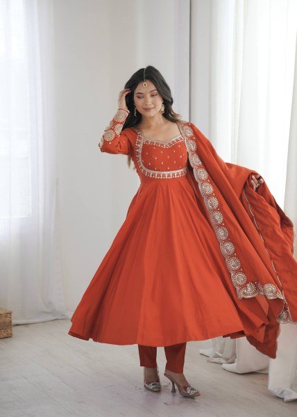 Legendary Orange Roman Silk Anarkali Set With Chanderi Dupatta With For Ethnic Anarkali Women Outfit Ready To Wear Collection